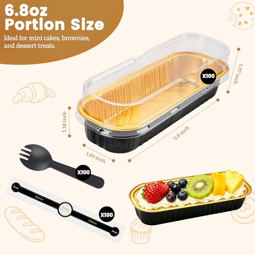 Image of NPLUX Loaf Pans with Lids, 100 Pack Black Gold 6.8oz for Bakery Gifts | Use for tasting samples, dessert bars, fruit cups and brownies; clear top helps buyers see the finished look.