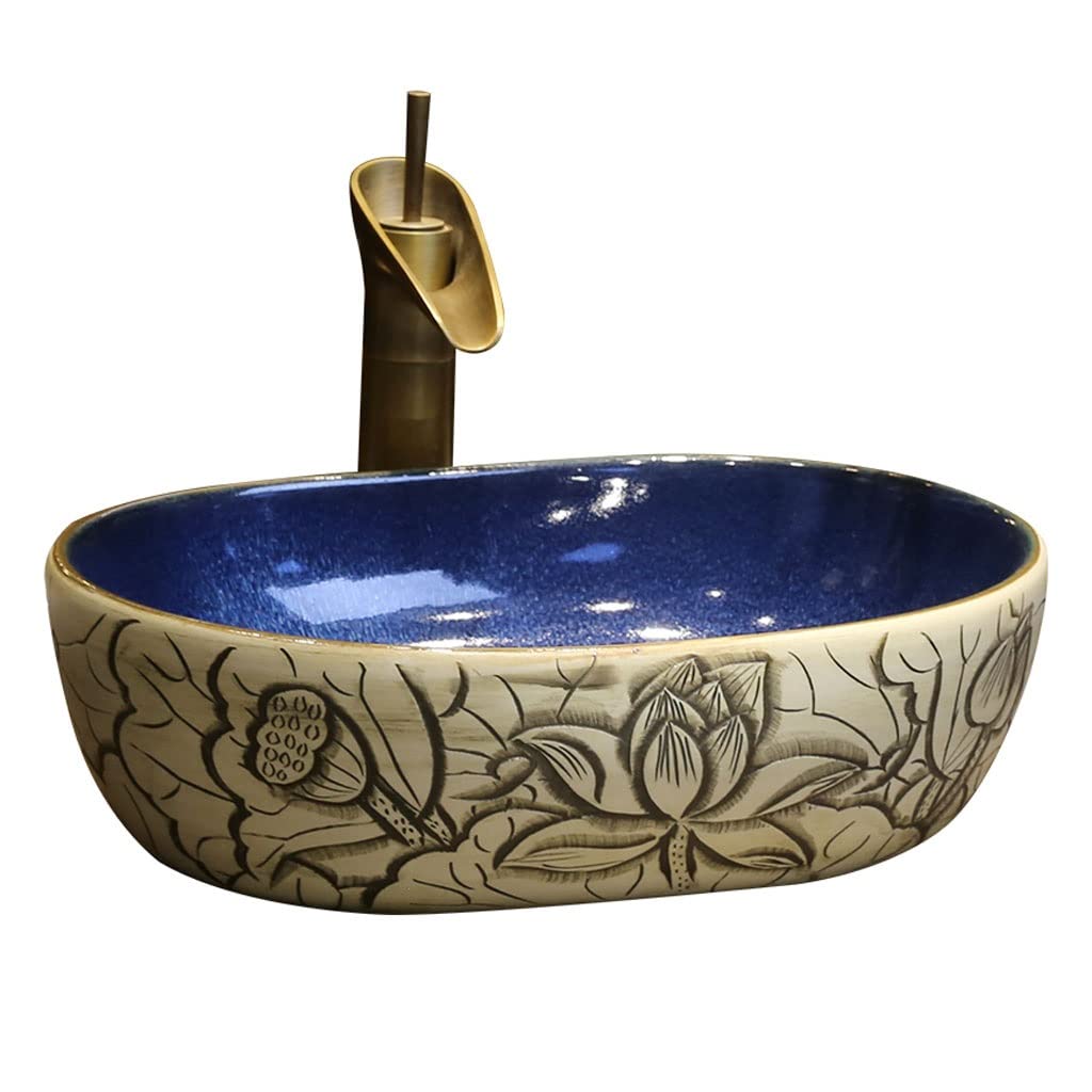 ADERFETBI Bathroom Sink Bathroom Vessel Sink Oval Ceramic Washbasin Carved Lotus Art Countertop Basin Utensils with Faucet