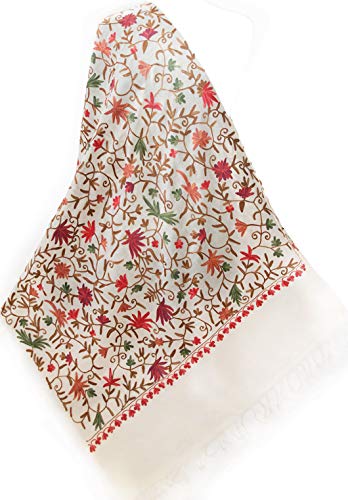 Red Flowers Green Leaves Brown Vines Crewel Embroidered IvoryWool Pashmina Shawl