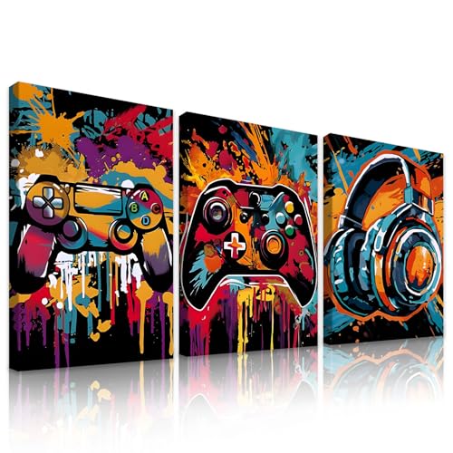 milaosk Affiche Gaming avec Cadre Poster du Jeu Impressions sur Toile Graffiti Vidéo Casques et Manettes Colorés Tableau Decoration Murale pour Chambre Ado...