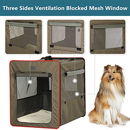 Petsfit Hundebox faltbar, mit 3 cm dicken Plüschmatte, tragbare Transportbox Hund Hundetransportbox für große Hunde, geeignet für den Innen und Außenbereich,Braun,L 79x53.5x66cm