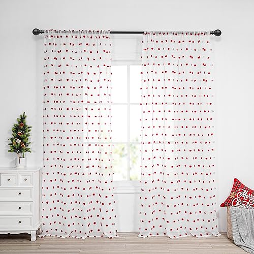 Image of MYSKY HOME Red Pom Pom Christmas Curtains fo Sliding Door 95 Inch 2 Panels | White Sheer Curtain, for Living Room Bedroom, Large Window Panels, for Dining Room, Rod Pocket, Privacy Protect, 50 inch x 95 inch