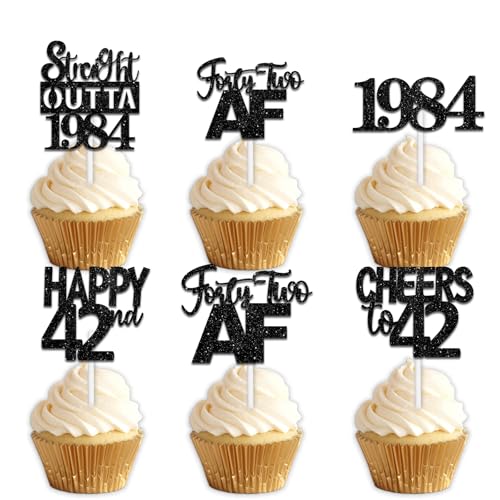 30pcs Black Glitter Dessert Cupcake Pick for Straight Outta 1984 Legend Since 1984 Theme Decor Supplies Men Boys Happy 42nd Birthday Party Decoration