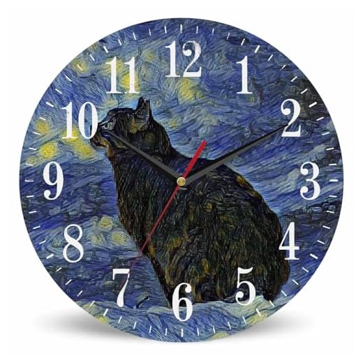 Mxocom Van Gogh Wall Clock Oil Painting Galaxy Cat 10 Inch Silent Non Ticking Battery Operated item