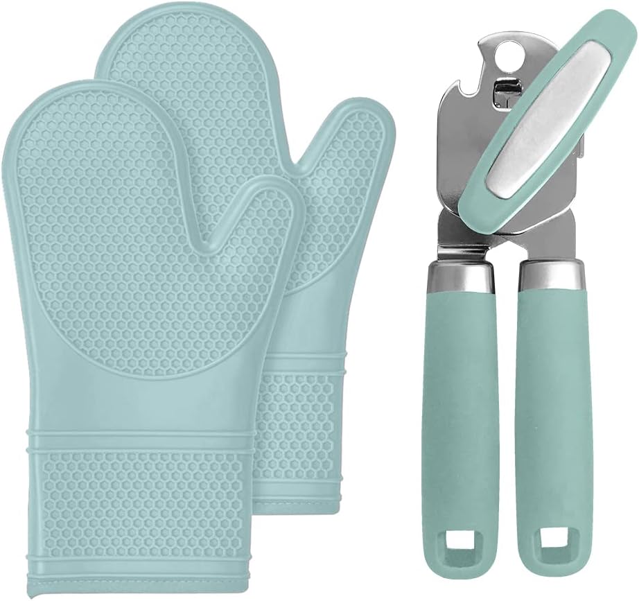 Gorilla Grip Silicone Oven Mitts and Manual Can Opener, Silicone Oven Mitts are 12.5 Inch, Can Opener Includes Built in Bottle Opener, Both in Mint Color, 2 Item Bundle