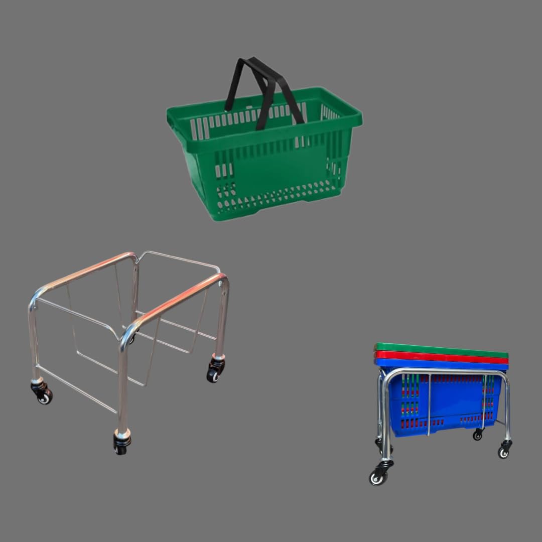 Stainless Steel Stacker with Wheels | Mobile Storage Stand for 21L to 28L Plastic Baskets | Durable Rolling Holder for Retail & Supermarket Use (10 x 28L Green Basket + Free Chrome Stacker)