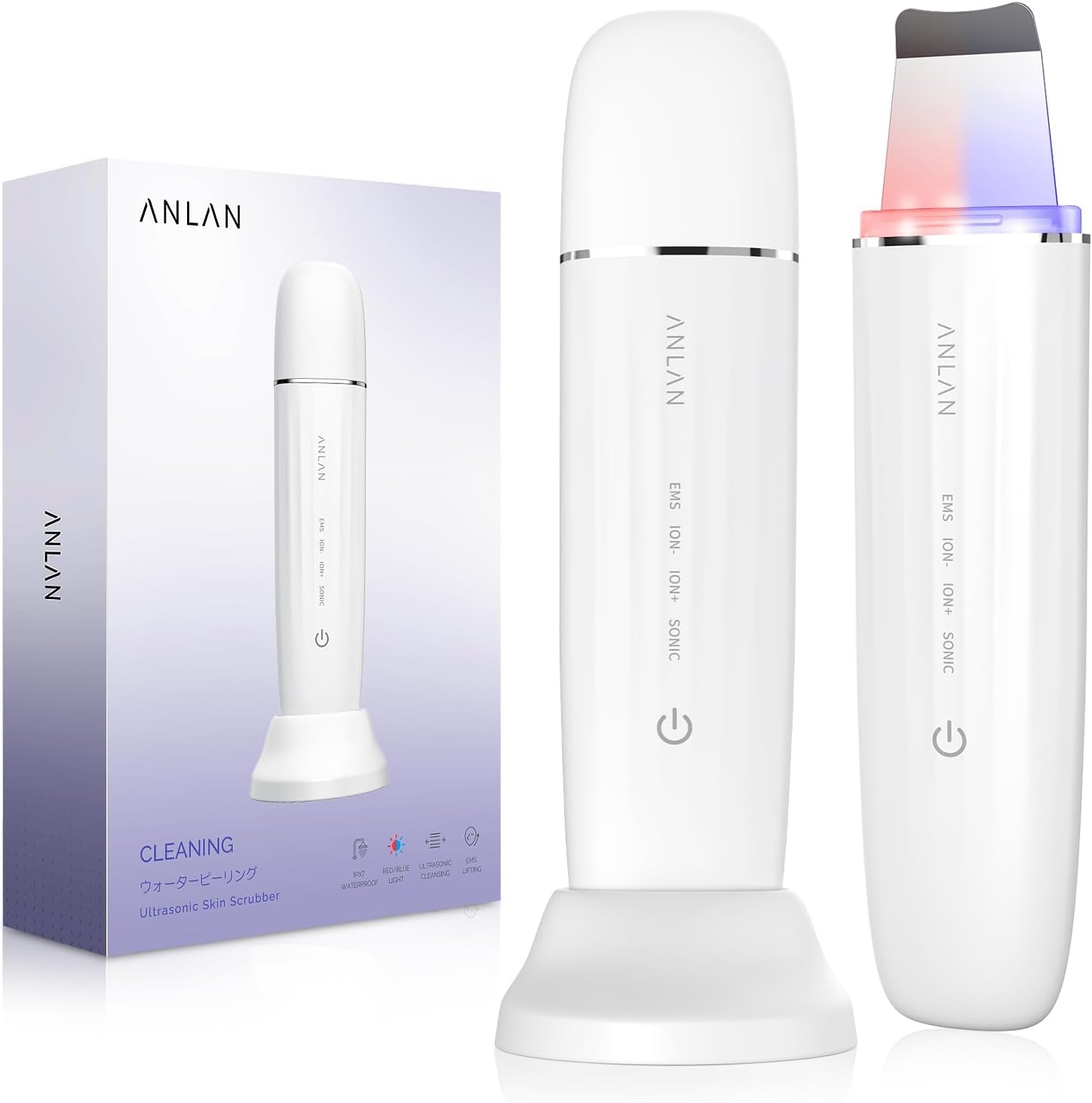 Anlan Peeling Ultrasonico Facial, Skin Scrubber, Espatula Ultrasonica Facial, Ultrasonico Facial, Roja Y Azul Led, Ems Antiedad Arrugas, Exfoliador Limpiador De Poros, Ipx7