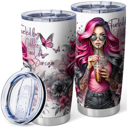 Equoza Birthday Gifts for Women,Fueled by Coffee and Sarcasm Coffee Mug, Funny 20oz Insulated Tumbler with Lid
