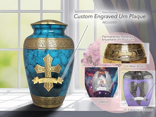 Image of Blue Cross Cremation Urn for Ashes Adult Male - Personalized Cremation Urns for Human Ashes Adult Man Decorative Urns - Beautifully Handcrafted Cross Urn