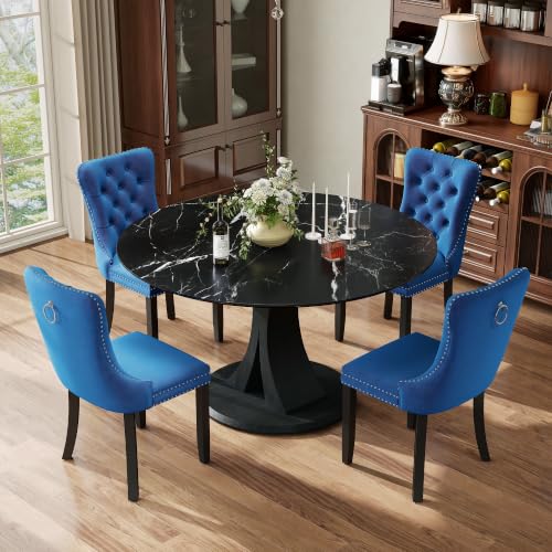 Image of 5-Piece Dining Table Set for 4 with 47 In Black Faux Marble Round Table | Circle Dining Room Table with 4 Velvet Upholstered Chairs, Modern Scandinavian Furniture for Dining Room Kitchen (Bule)