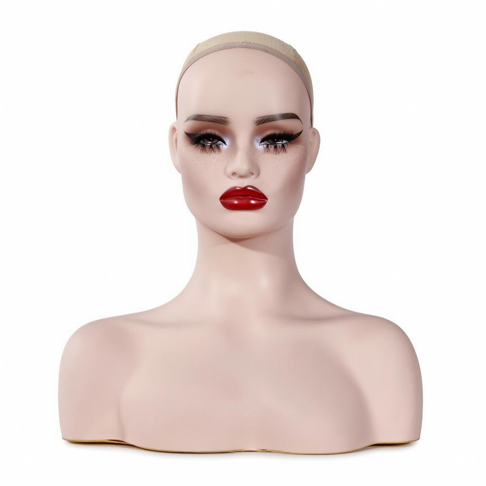Hairpiece Head with Shoulders Skin-Toned-Toned Mannequin Bust Matte Mannequin Head with Shoulders for Jewelers, Salons, Boutiques, Photography Red Lip-image-32