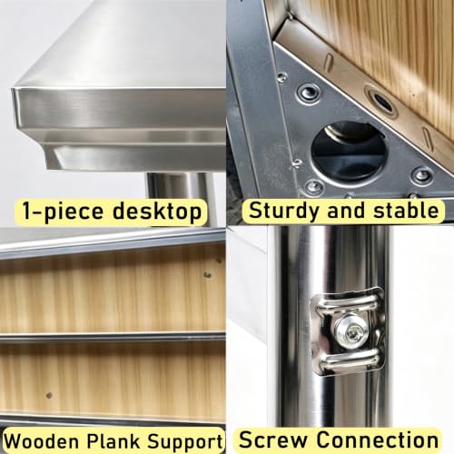 Mesa de acero inoxidable de alta resistencia con refuerzo triangular y panel de madera 7