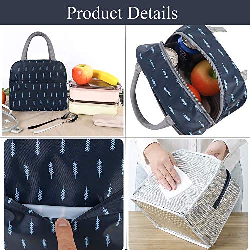 Lunch Bag Reusable Insulated Cooler Tote Box with Front Pocket Zipper Closure for Woman Man Work Picnic or Travel (Navy)