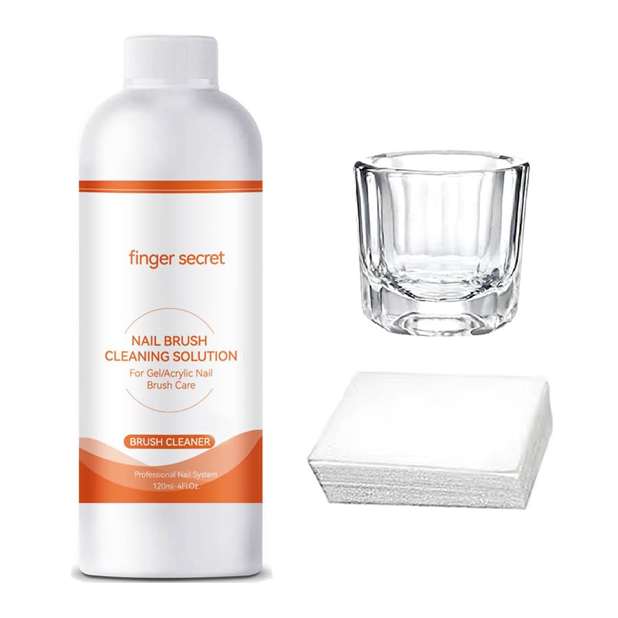 Nail Brush Cleaner Brush Cleaner 4fl.oz 120ml Remover Cleanser Clean and Care Acrylic Nail Brushes Gel Nail Polish Brushes Nail Brushes 50 cotton flakes crystal glass Nail Tech Supplies