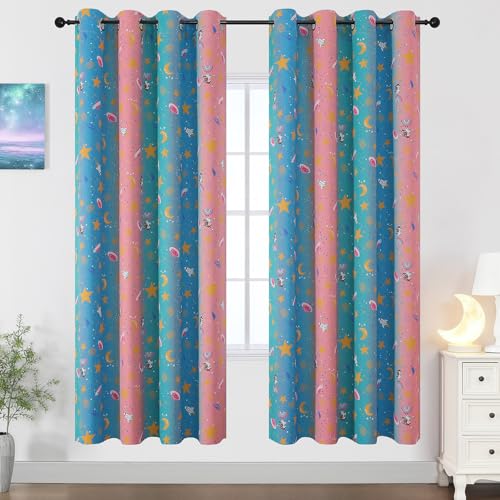 Image of Pink Teal and Blue Unicorn Room Darkening Curtains for Kids Bedroom,52Wx72L | Estelar Textiler Colorful Rainbow Design Kids Curtains 72 inches Long for Toddler Room,Unicorn Ombre Window Drapes,2 Panels