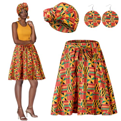 Mukum 4 PCS African Printed Skirt for Women Traditional Printed Costume Outfit Set with Pockets Wrap Scarf Wooden Drop Earrings for Holiday Travelling - M