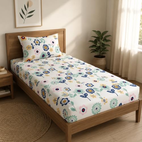 Image of LOOMLYFE Microfiber Soft Cotton Single Bed Bedsheet for Diwan Bed, Size 60 Inches X 90 Inches, 152 X 230 cm with 1 Large Size Pillow Covers Without Joint - BlueSunflower