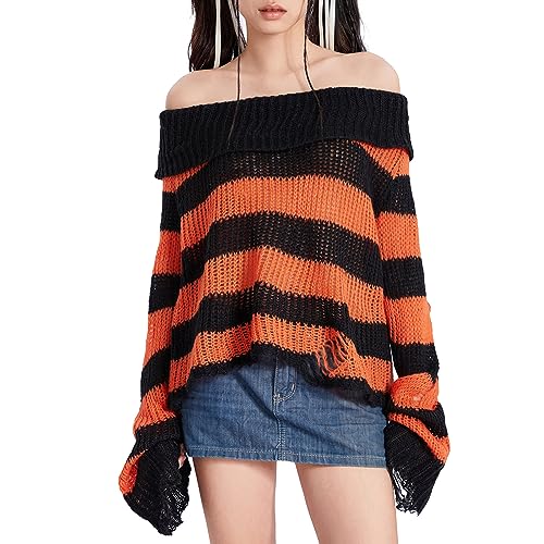 Karwuiio Women's Halloween Off Shoulder Stripe Tops Ripped Long Sleeve Sweaters Oversized Gothic Punk Pullover Knitwear