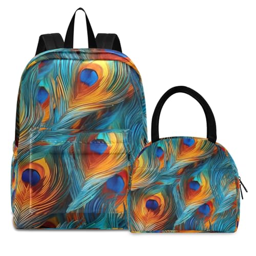 Colorful Peacock Feather Lightweight Durable Student Backpack Set with Insulated Lunch Bag Large Capacity Kids Backpacks for Daily Use School Outdoor Travel Laptop Daypack 21214629