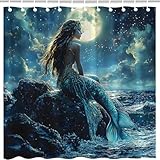 Fantasy Mermaid Shower Curtain Dark Blue Ocean Full Moon Night Sky Mystical Fairy Tropical Fish Tail Scale Beach Coastal Nautical Seascape Bathroom Decor Polyester Curtains with Hooks 70X70 Inch
