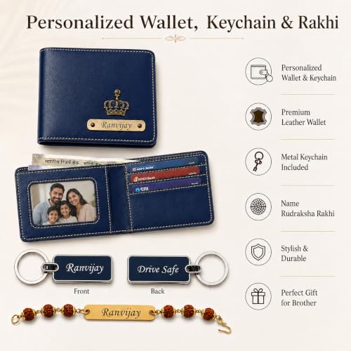 Image of SAVRI Rakshabandhan Gift for Brother | Customized Men's Leather Wallet with Name & Charm, Personalized Metal Keychain & Customized Rudraksha Rakhi with Name | Rakhi Gift for Brother