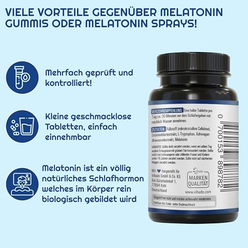 Vihado Melatonin Tabletten hochdosiert - 370 Nächte FORTE Komplex vegan - Rein ohne Zusätze - Plus L-Theanin, L-Tryptophan, Ashwagandha, 185 Tabletten,Melatonin,1