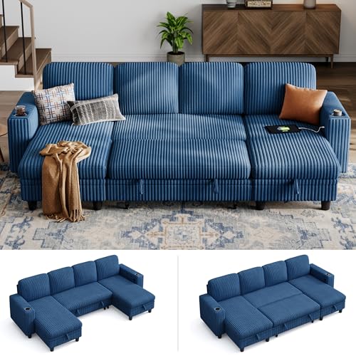 Image of LINSY HOME Sectional Sleeper Sofa Pull Out Couches for Living Room (Blue, Sleeper Sofa 3) | Pull Out Sofa Bed, Storage, USB Charging, Cup Holders, Plush Corduroy