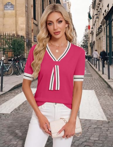 Image of Libsorge Womens Lightweight Cute Bow Tie Sweater Spring 2026 Business Casual Outfits V Neck Short Sleeve Tops