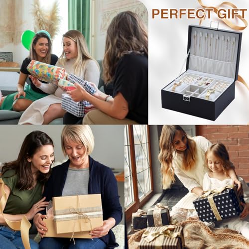 LISRUGEN Jewelry Organizer Box for Girls Women,2 Layer Large Genuine Leather Jewelry Organizers and Storage with Lock Removable Velvet Jewelry Tray,Christmas Gifts for Mom,Black — view 6