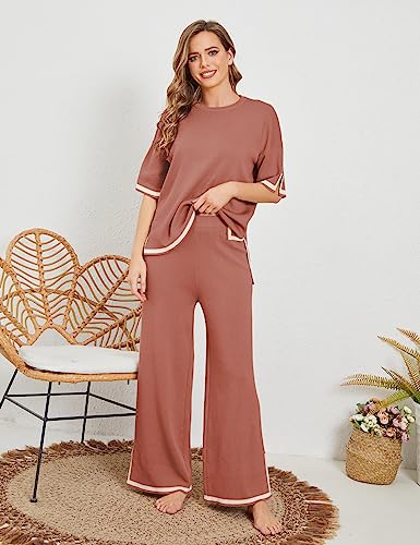 Image of Tanming Sweater Sets Women 2 Piece Lounge Sets Short Sleeve Knit Pullover Tops Wide Leg Pants