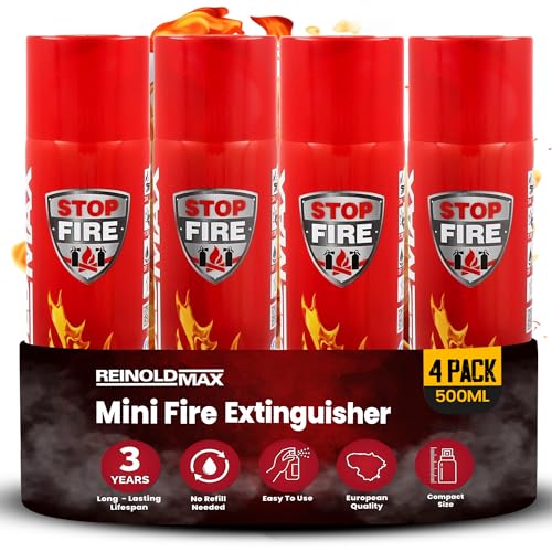 4X Pequeño Extintor para Casa | Mini Extintor Aerosol Todo en Uno para Cocina, Camping, Autocaravana, y Chimenea de ReinoldMax