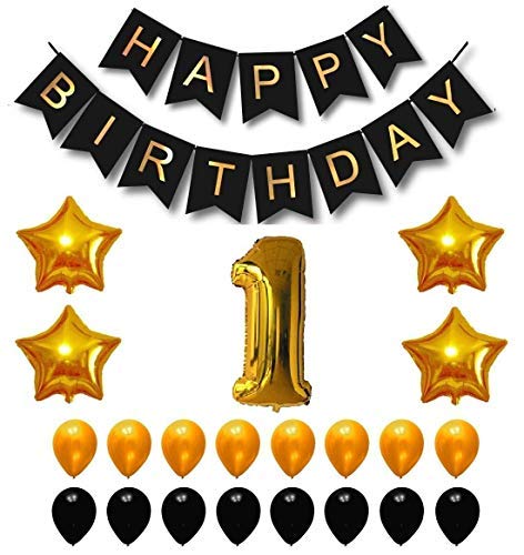 Party Propz 1st Birthday Decoration For Boys and Girls - First Birthday Decoration Balloon - Party Supplies Kit – First Birthday Banner – Golden and Black First Birthday Theme