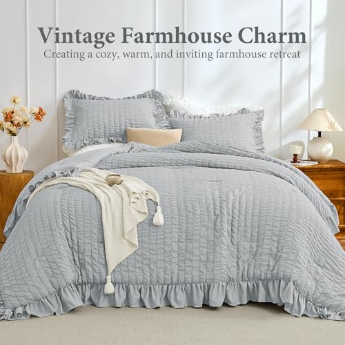 Image of JOLLYVOGUE Light Grey King Comforter Set, 3 Pieces Seersucker Comforters King Size, Lightweight & Fluffy Bedding Sets King for All Season with 1 Ruffle Comforter and 2 Ruffle Pillowshams