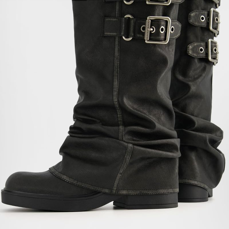 ClassicSter Fold Over Knee High Boots Slouch Boots for Women Chunky Goth Platform Boots,2 inch Heel Wide Calf Long Boots Square Toe Riding Boots4