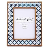 Artwork Craft Handmade White Bone Photo Frame Geometric Painting Vintage Boho Wooden Picture Frames For Table-Top/Wall Decor (5X7 Inches, Geometric Blue)