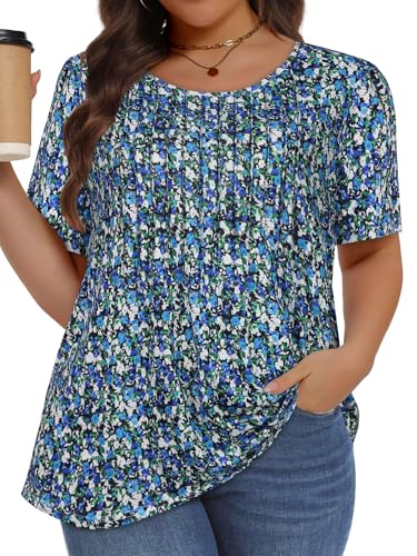 Image of Plus Size Tops for Women Pleated Summer Top Trendy Short Sleeve Shirts Casual Basic Tee Crew Neck Blouses 2026