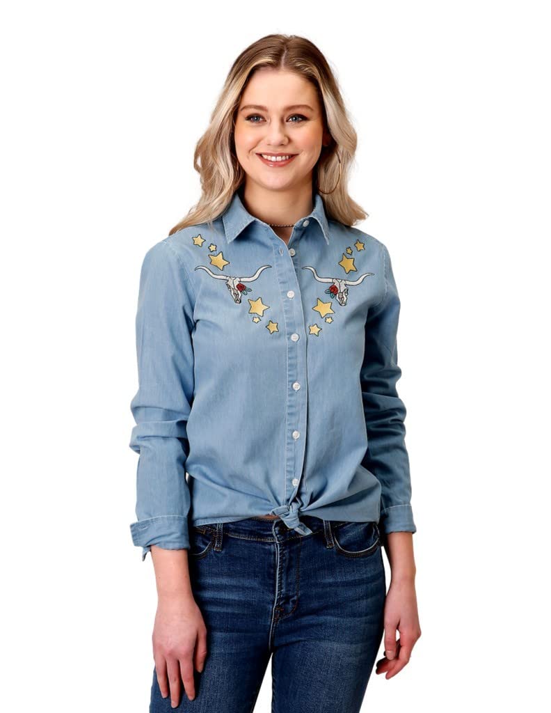 Roper Western Shirt Womens L/S Blouse Denim L Blue 03-050-0565-0157 BU