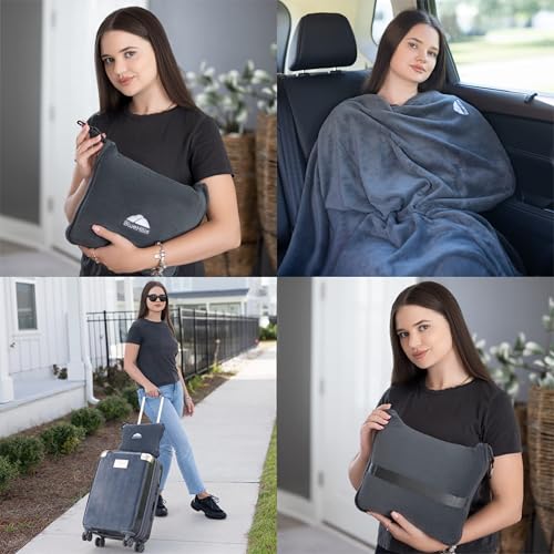 Image of BlueHills Premium Soft Long Travel Blanket Pillow for Tall Airplane Flight Blanket Throw in Soft Bag case with Hand Luggage Belt & Backpack Clip Compact Pack Large Blanket Grey Gray T052
