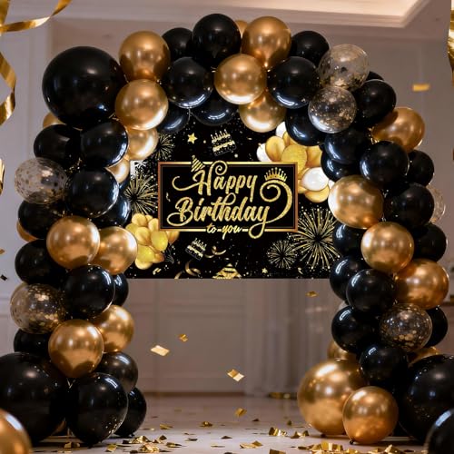 Banner Happy Birthday fondo negro dorado 180x110 cm miniatura 7