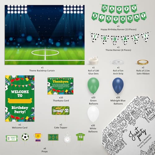 Image of Just Party Football Theme Party Decoration - 100 pcs Happy Birthday Decoration Kit for Kids | Soccer Theme Birthday Decoration Items for Boys & Girls |Includes Balloons, Backdrop Curtain, Props
