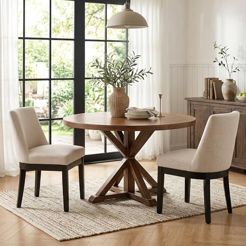Image of HNY Modern Dining Chairs Set of 2 with Comfortable Back Support, Farmhouse Soft Linen Upholstered Dining Room Chairs with Black Solid Wood Legs, Armless Kitchen Side Chairs for Living Room, Beige
