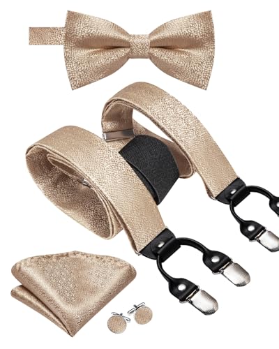 Image of Dubulle Suspender and Bow Tie for Men Paisley Solid Mens Suit Braces Pretied Bowtie and Handkerchief Cufflinks Formal Wedding
