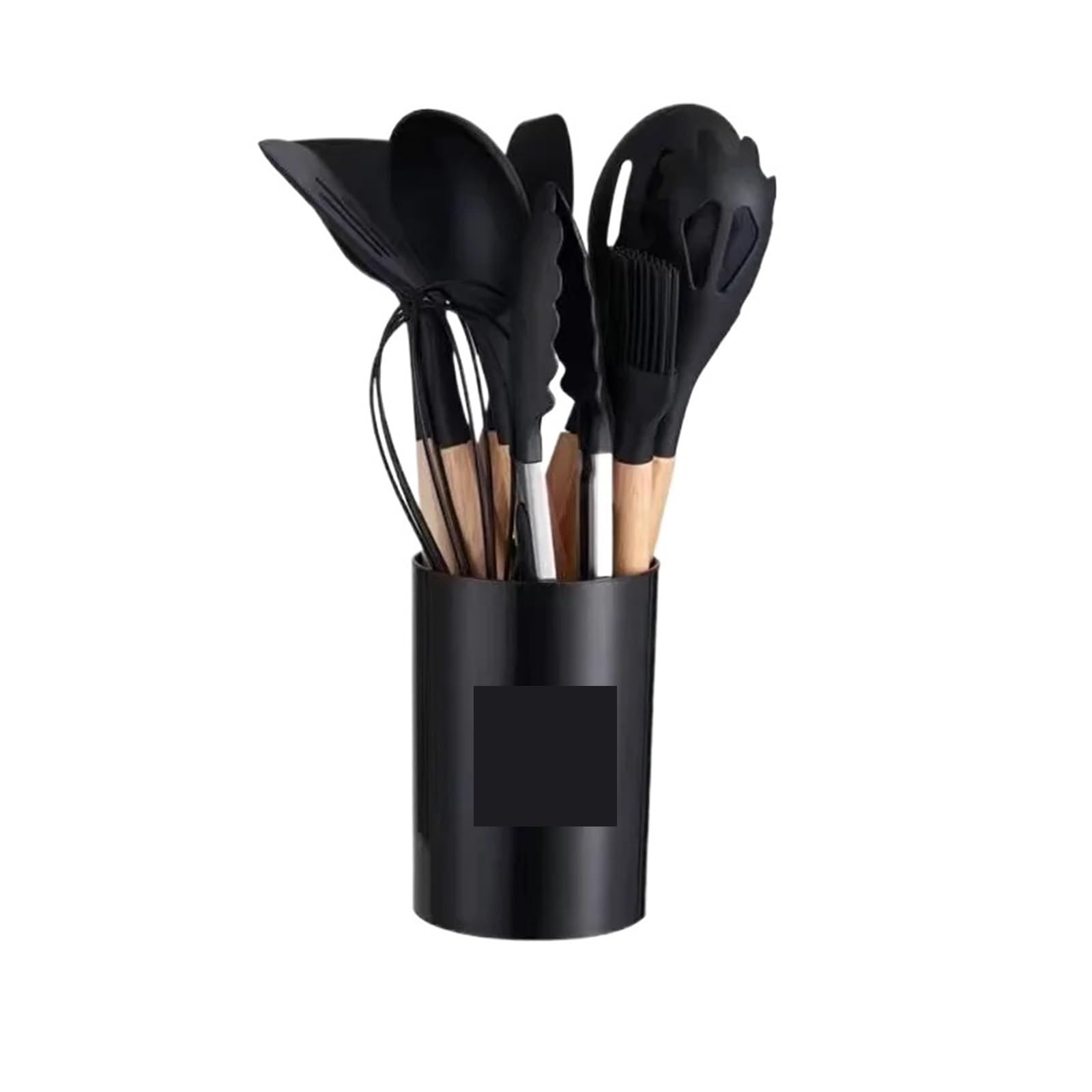 Generico Set da 12 Pezzi di Utensili Cucina in Silicone Multicolore con Manico in Legno, antiaderenti, spatola e Cucchiaio, Resistenti al Calore(12pcs Black)