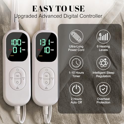 Image of IUUI Heated Blanket Electric King Dual Controller- 90x100 Inches Soft Flannel Heating Blanket,Fast Heating Blanket 6 Heating Levels & 2 Hours Auto Off ETL Certification (Light Brown, King 90 inch x 100 inch)