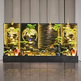 Home Decorative Fountain 6.72 Ft Tall Elegant Indoor Water Fountain With LED Lights, Mist Maker, And Simulated Bonsai Trees ,large Waterfall Feature Rockery ，For Hotel Entrance Decoration(2645+2650+26