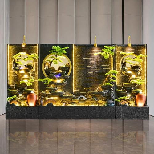 Home Decorative Fountain 6.72 Ft Tall Elegant Indoor Water Fountain With LED Lights, Mist Maker, And Simulated Bonsai Trees ,large Waterfall Feature Rockery ，For Hotel Entrance Decoration(2645+2650+26