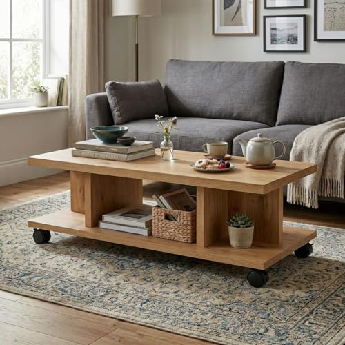 Image of FFO T Shape Center Table with Wheels | 80x50x45 cm Wooden Coffee Table | Modern Living Room Tea Table with Storage Shelf | Engineered Wood Center Table for Home & Office (Oak Finish)