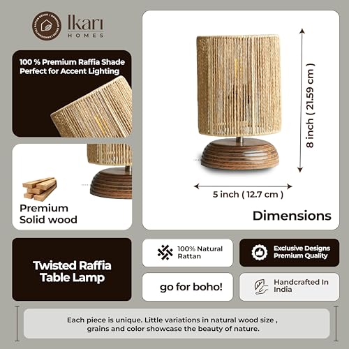 Image of Ikari Homes Wood Boho Raffia Incandescent Table Lamp I Night Lamp for Bedroom Bedside & Center Table Lamp for Restaurant I Office Desk Lamp I I Home Decor Items I Size 21.5 x 12.9 cm, Brown