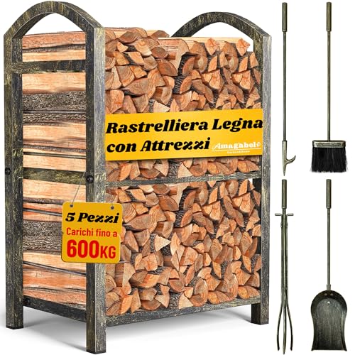 Amagabeli Portalegna da ardere con set di attrezzi Portalegna da interno Camino da esterno impilabile Stufa in ferro battuto Cesto grande per tronchi Accessori Vintage Bronze