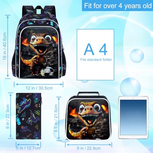 Image of 16 inch Dinosaur Backpack, Boys Kids Bookbag with Lunch Box, 3Pcs Dino Soccer School Backpacks for Elementary Preschool Kindergarten (Black)